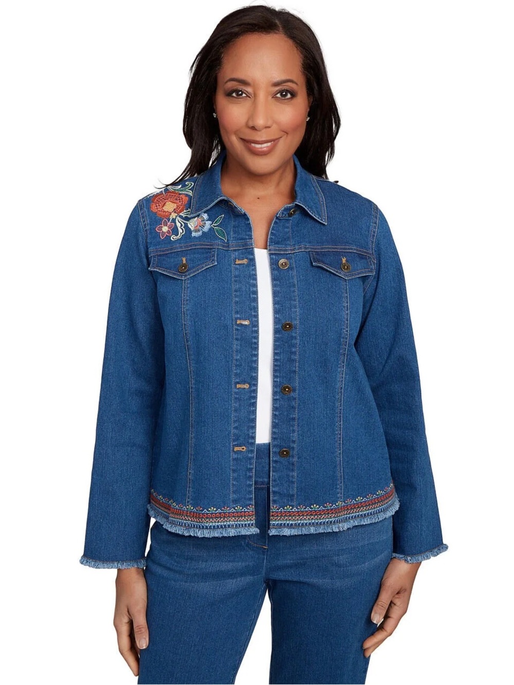 Alfred Dunner Floral Vine Embroidered Denim Jacket, Large